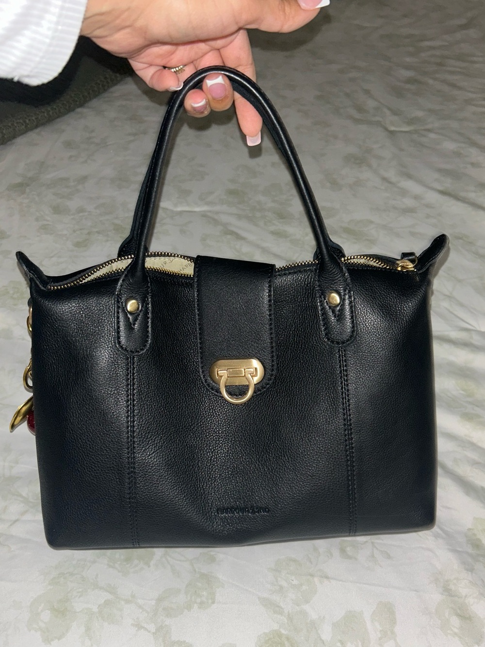 Black Leather Top-Handle Satchel with Gold Hardware